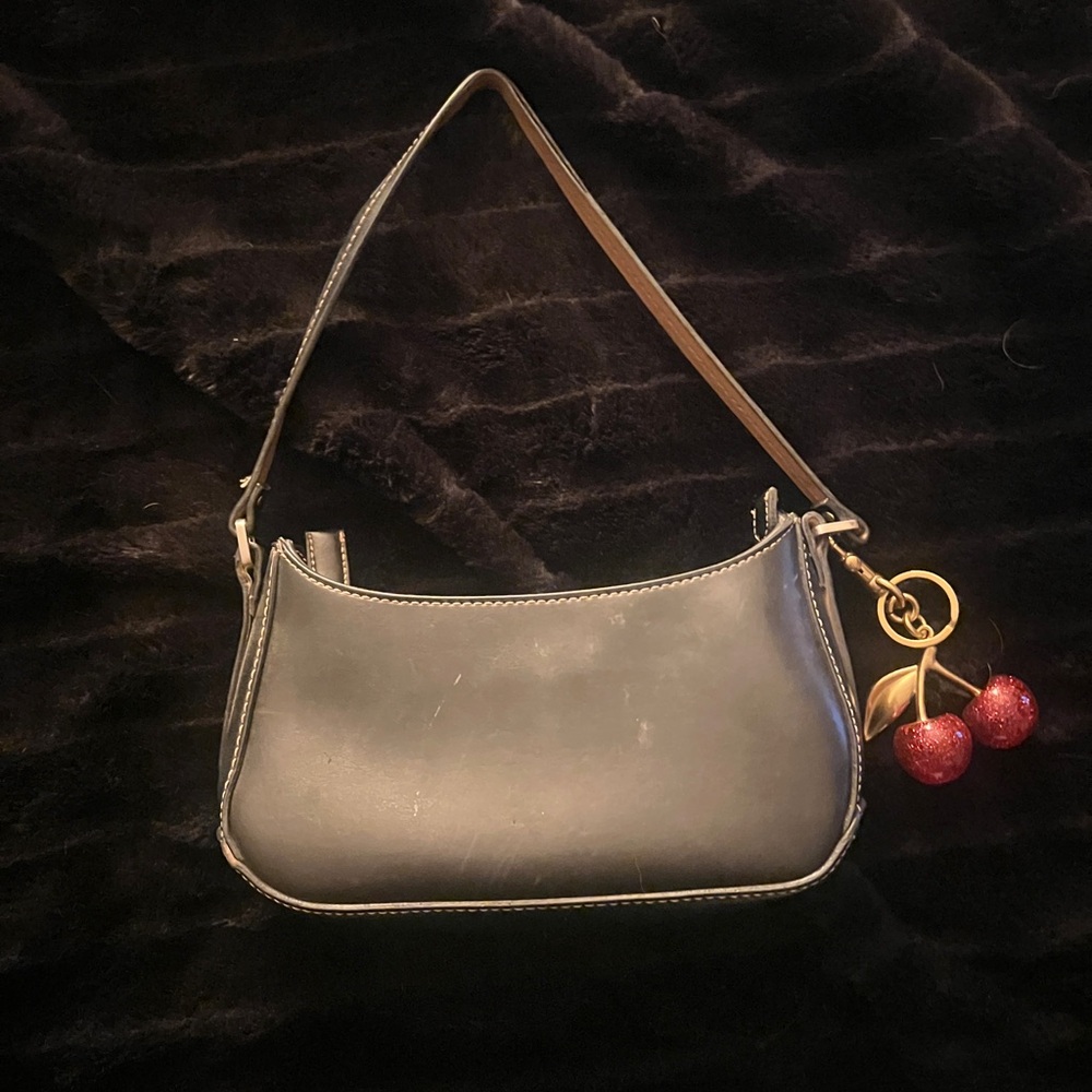 Chic Black Leather Shoulder Bag with Cherry Charm